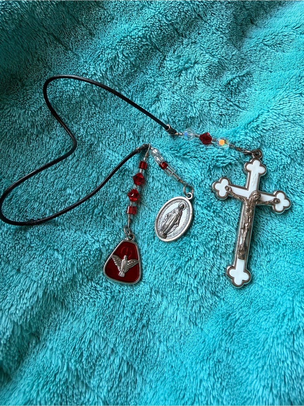 Italian Catholic Devotional Necklace Miraculous Medal Crucifix Red Beads Italy